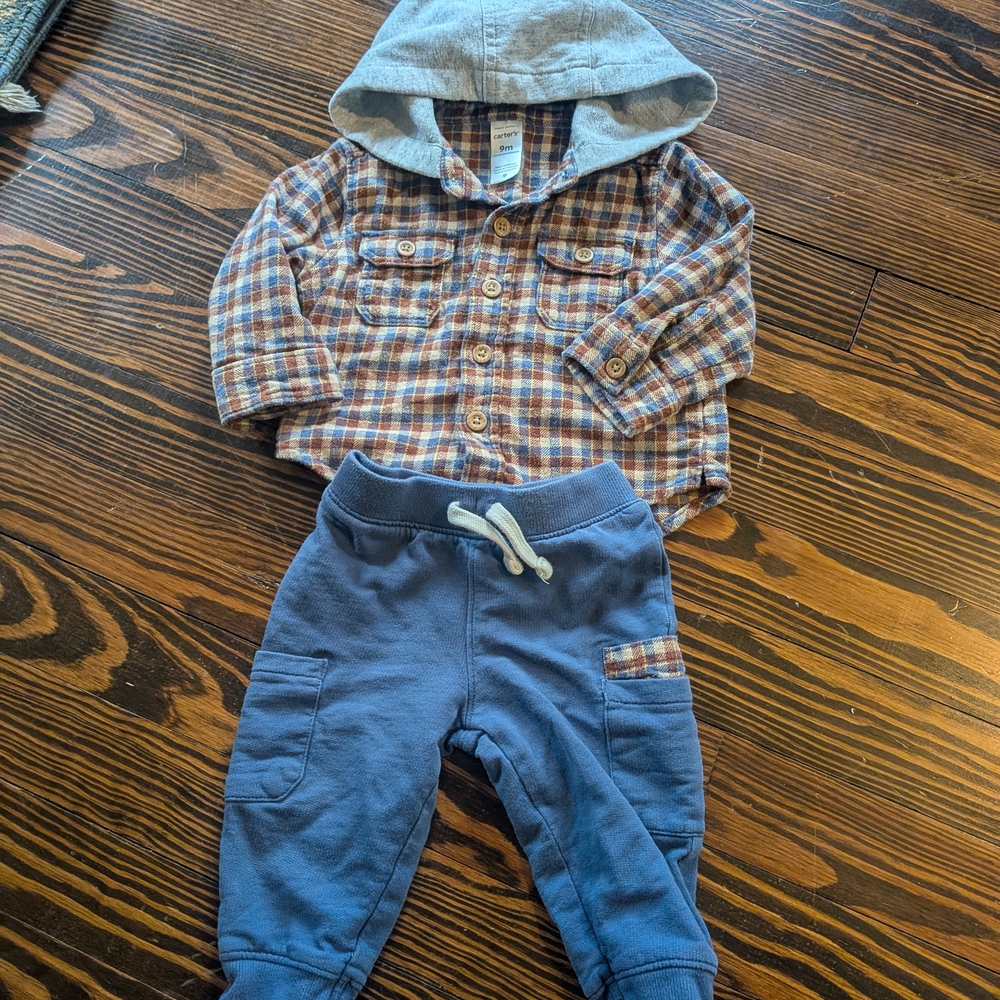 Carter's Flannel And Jogger Set Brown And Blue 9M